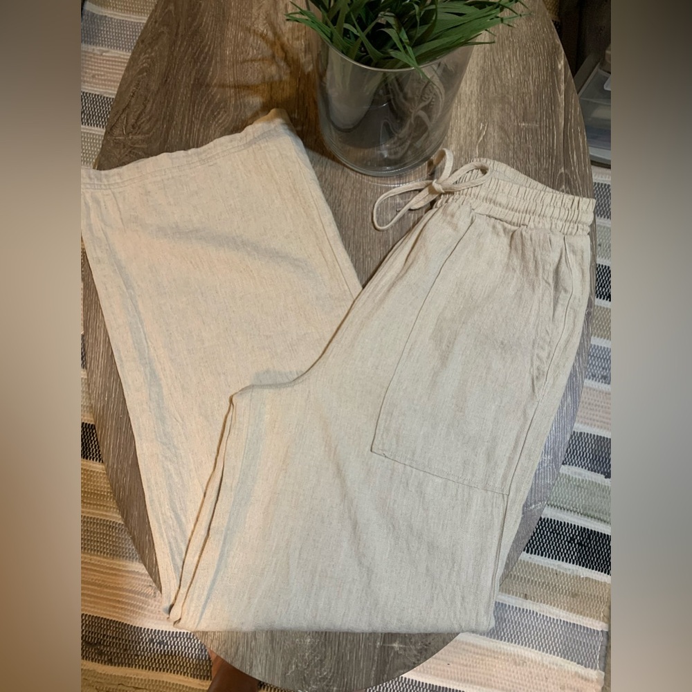 Blank NYC Revolve Wide-Leg High-Waist Linen Pants with Pockets in Beige Sz Small